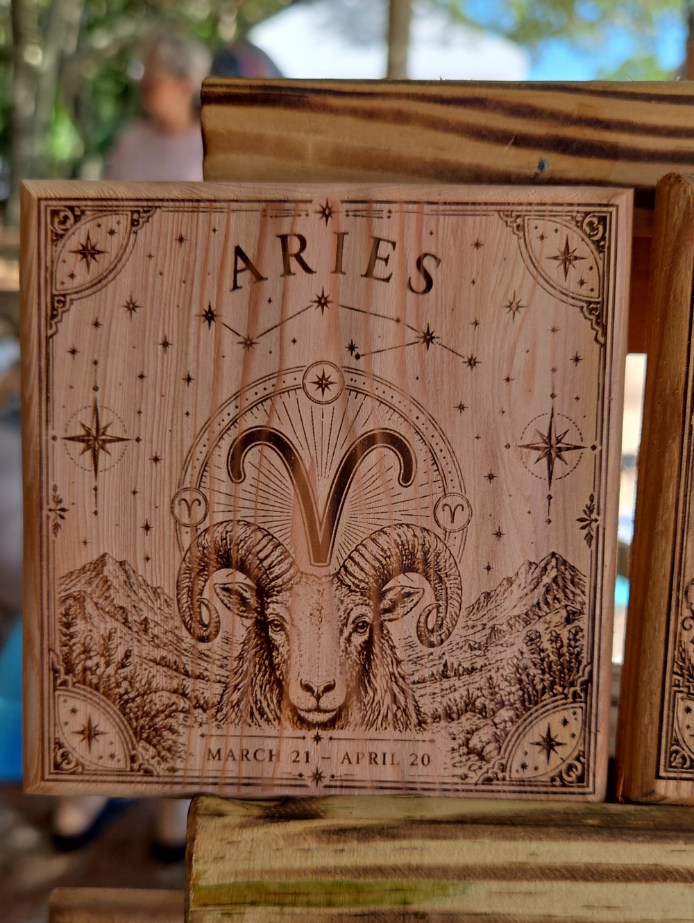 Aries Zodiac Wood Engraving Plaque Coaster- Natural Wood Tone